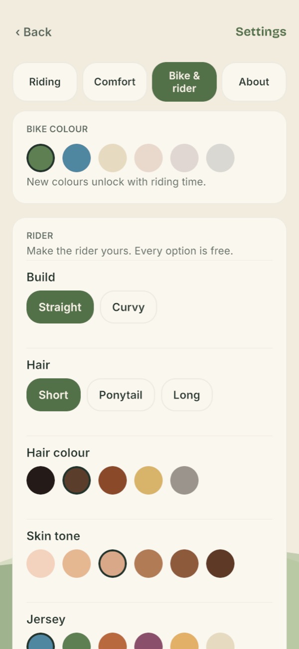 Bike and rider settings