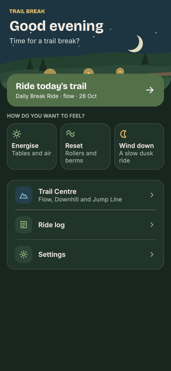 Dark mode: the home screen in the evening